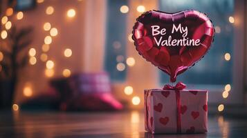 A heart-shaped balloon floats above a beautifully wrapped gift box adorned with hearts, symbolizing love and affection. Soft bokeh lights create a romantic atmosphere, perfect for Valentine's Day. photo