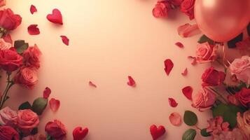 A collection of pink and red roses surrounds a soft background, with heart-shaped confetti scattered among petals and a pink balloon, creating a romantic atmosphere perfect for a celebration of love. photo