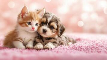 A playful kitten with orange and white fur snuggles closely with a fluffy puppy featuring a mix of colors. Both animals seem comfortable on a soft pink surface, surrounded by gentle light. photo