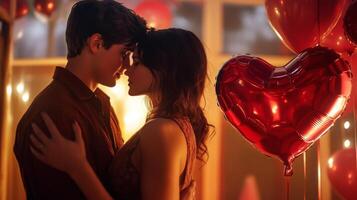 A couple stands close, their foreheads touching, in a cozy, softly lit setting filled with heart-shaped balloons. The atmosphere conveys intimacy and warmth as they share a special moment together. photo