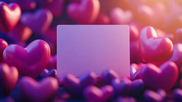 A vibrant display of pink and purple hearts fills the foreground, creating a romantic atmosphere, while a blank card stands ready for personal messages or heartfelt notes. photo
