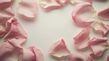 Soft pink rose petals are arranged in a gentle circle, highlighting their delicate texture and color against a light background. This setup creates a serene and calming atmosphere. photo