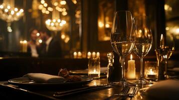 A refined table elegantly set with sparkling wine glasses and a delicious dish, illuminated by soft candlelight. Behind, a couple shares an intimate moment, enhancing the romantic atmosphere. photo