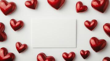 Red heart-shaped decorations are arranged around a blank white card on a clean white background. The composition creates a romantic and inviting atmosphere, perfect for love notes. photo