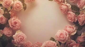 Delicate pink roses form a beautiful circular arrangement, creating an inviting space for decoration. Their soft petals and green leaves enhance the overall aesthetic, perfect for any occasion. photo