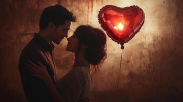 A couple is embracing intimately in a soft, warm light, creating an atmosphere of romance. A vibrant heart-shaped balloon adds a focal point to their affectionate interaction. photo