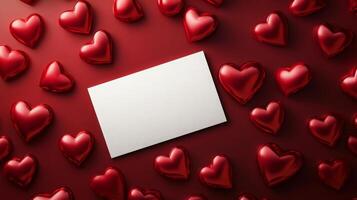 A collection of shiny red heart shapes fills the space around a blank white card. This setup creates an inviting atmosphere for sharing messages of love and affection. photo