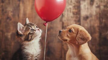 A playful kitten and an adorable puppy sit on the floor in a warm, rustic room. They share a moment of fascination as they look up at a red balloon floating above them, showcasing their innocence. photo