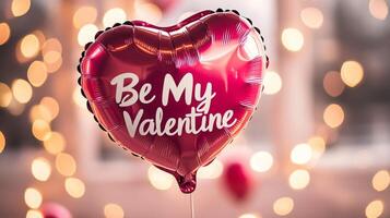 A vibrant heart-shaped balloon with the words Be My Valentine prominently displayed. The background features soft, warm lights, creating a festive atmosphere perfect for a romantic celebration. photo