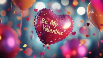 A festive display features a shiny heart-shaped balloon with the text 'Be My Valentine' prominently displayed. photo