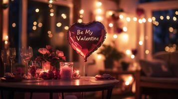 A cozy setting decorated for Valentine's Day features a heart-shaped balloon reading Be My Valentine on a table surrounded by candles and flowers, illuminated by warm lights in the background. photo