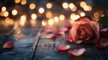 A single delicate rose lies on a wooden surface, surrounded by scattered petals. Soft glowing lights twinkle in the background, enhancing the romantic ambiance of the setting. photo