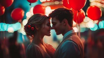 A couple stands close, gazing into each other's eyes amidst a colorful backdrop of glowing lights and red balloons. The atmosphere is warm and festive, evoking a sense of love and connection. photo