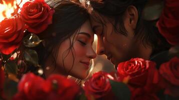 A couple shares a tender moment as they lean in for a close embrace, framed by vibrant red roses. The warm light creates a magical atmosphere, highlighting their affection and connection. photo