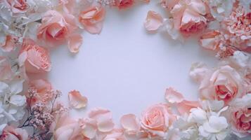 A beautiful arrangement of soft pink roses and delicate white flowers creates a circular frame around an empty center. This captivating and elegant display enhances any creative project or occasion. photo