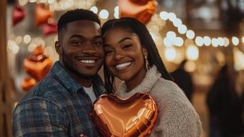 A joyful couple shares a moment together, holding a heart-shaped balloon amidst a vibrant atmosphere filled with twinkling lights and festive decorations. photo