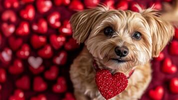 A small dog adorned with a sparkling heart-shaped collar is seated among numerous red hearts. The setting creates a warm and playful atmosphere, perfect for a celebration or photo shoot.