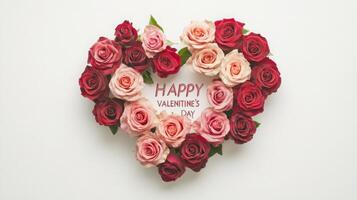 Roses in shades of red and pink create a heart shape, surrounding a card that reads Happy Valentine's Day. A romantic arrangement perfect for celebrating love and affection. photo