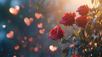 Roses are in full bloom, their vibrant red petals contrasting against lush green leaves. Soft heart-shaped lights twinkle in the background, creating a romantic atmosphere during sunset. photo