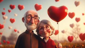 An elderly couple stands closely together, smiling warmly. They are surrounded by vibrant, floating heart-shaped balloons against a soft, dreamy background. The atmosphere feels romantic and joyful. photo