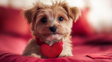 A small and adorable dog sits on a soft red bedspread, wearing a heart-shaped accessory. Its expressive eyes add to the charm of this intimate and cozy setting, perfect for pet lovers. photo