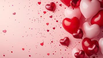 Bright red and pink heart-shaped balloons float against a soft pink background, accompanied by scattered confetti of tiny hearts. photo
