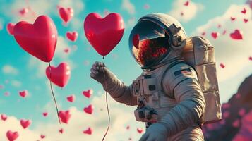 An astronaut floats in a vibrant cosmic landscape, holding several red heart-shaped balloons. The background features a bright sky with clouds, creating a whimsical, romantic atmosphere. photo
