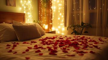 A beautifully arranged bedroom features a soft bed adorned with scattered rose petals. Warm fairy lights illuminate the cozy space, creating a romantic atmosphere perfect for an intimate evening. photo