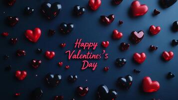 A vibrant assortment of red and black hearts are scattered across a dark surface, with the message wishing a happy Valentine's Day prominently displayed among them, creating a festive atmosphere. photo