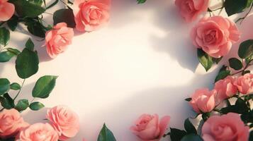 A collection of delicate pink roses and green leaves arranged in a circular formation surrounding a blank, light-colored area. The flowers display soft hues, adding a touch of elegance. photo