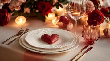A beautifully arranged table features a heart-shaped dessert on elegant dishes. Surrounded by fresh flowers and soft lighting, the setting is perfect for a romantic evening or special celebration. photo