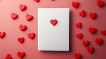 Scattered red heart shapes frame a white notebook placed on a soft pink surface. The arrangement creates a playful and romantic atmosphere, ideal for creative writing or journaling. photo