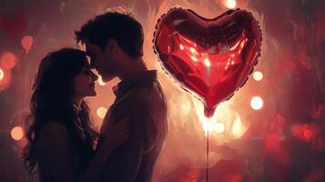 A couple stands close together, faces nearly touching, sharing an intimate moment. A shiny heart-shaped balloon floats nearby, surrounded by soft, glowing lights that create a romantic atmosphere. photo