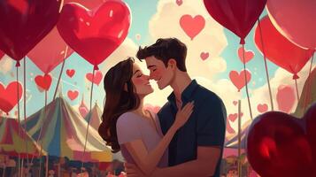 A couple stands closely together, smiling and gazing into each other's eyes amidst vibrant heart-shaped balloons. Festive tents are visible in the background, suggesting a joyful fair atmosphere. photo