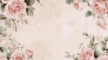 Delicate pink roses and soft green leaves are artistically arranged on a light background, creating a serene and elegant ambiance. This design evokes a calming and romantic atmosphere. photo