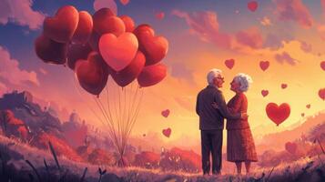 An elderly couple stands together, gazing into each other's eyes, surrounded by numerous heart-shaped balloons drifting in the colorful sunset sky. The warm atmosphere evokes love and nostalgia. photo