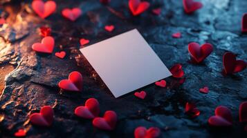 A collection of small red heart decorations surrounds a blank card resting on a dark textured surface, creating a romantic atmosphere ideal for love notes or heartfelt messages. photo