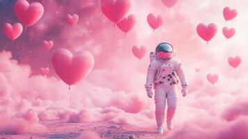 An astronaut explores a whimsical environment where pink clouds and floating hearts surround them. The surreal setting evokes a sense of wonder and romance, creating a magical atmosphere. photo