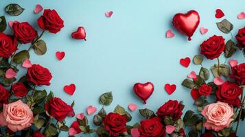 A lively setup showcases red and pink roses intertwined with colorful heart-shaped balloons and confetti. photo