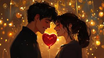 A young couple stands close together, smiling and gazing into each other's eyes. They hold a heart-shaped balloon between them, surrounded by warm, glowing lights that create a romantic atmosphere. photo