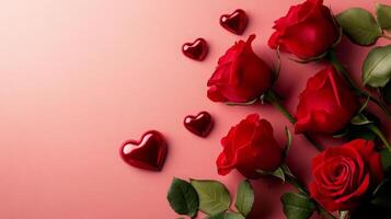 A vibrant arrangement of red roses accompanied by shiny heart-shaped decorations rests against a soft pink background, creating a romantic atmosphere perfect for special occasions. photo