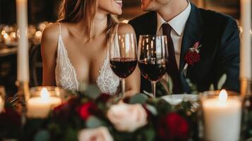 A couple shares a romantic dinner, gazing at each other while enjoying wine by candlelight. photo