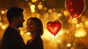 A couple stands close together, smiling and gazing into each other's eyes. Soft illumination from surrounding lights creates a warm atmosphere. photo