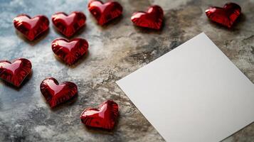 Bright red heart-shaped chocolates are scattered around a blank note on a gray stone surface. This setup invites personal messages and expressions of love for special occasions or celebrations. photo