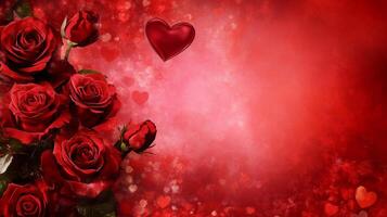 This vibrant display features a cluster of red roses alongside playful hearts, set against a rich red and pink background. Ideal for expressing affection, romance, and passion. photo