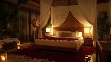Soft lighting illuminates a luxurious bedroom adorned with scattered rose petals. The space features elegant furniture, creating an intimate atmosphere perfect for relaxation and romance. photo