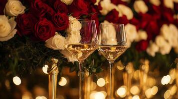 A beautiful arrangement of red and white roses fills the backdrop, while two elegant wine glasses sit in the foreground. Soft lighting creates a warm atmosphere, perfect for a romantic evening. photo