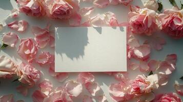 Surrounded by soft pink rose petals, a blank card sits on a gentle surface, inviting words or designs. The petals form a beautiful frame, enhancing the romantic atmosphere of the setting. photo