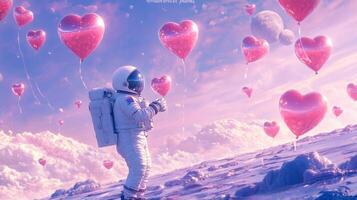 An astronaut stands on a celestial surface surrounded by floating heart-shaped balloons. The colorful sky features soft clouds and distant moons, creating a whimsical and peaceful atmosphere. photo