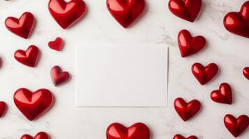 Red hearts are artistically arranged around a blank card on a marble surface, creating a romantic and festive atmosphere. This setting is perfect for personal messages or invitations. photo